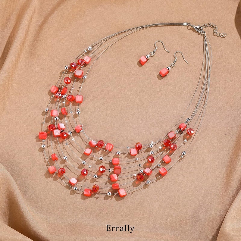 Errally Store Multi-Layer Boho Shell Beaded Necklace for Women Colorful Crystal Strand with Silver Beads Statement Collars Necklace and Earrings Costumes Jewelry Sets for Women - Image 2